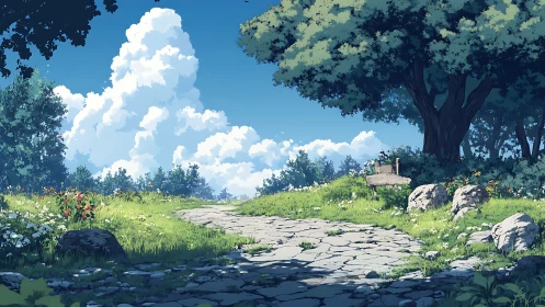 Sunlit stone path curves through tranquil summer meadow.