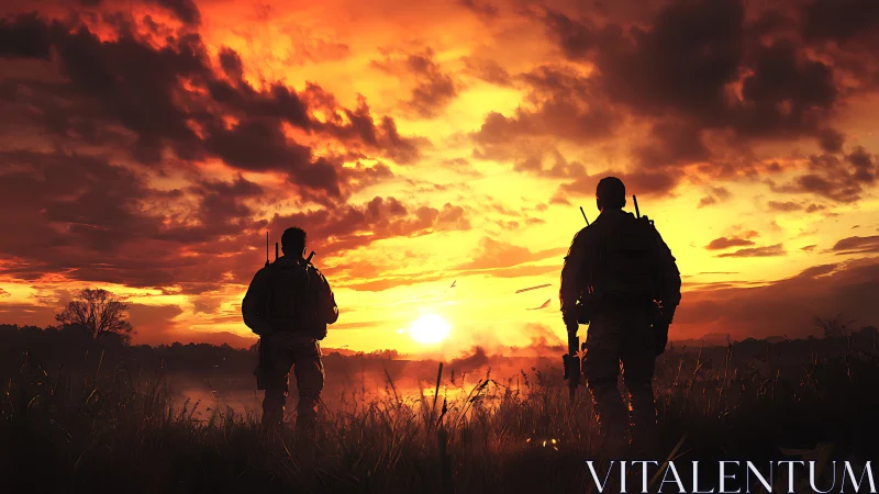 Cinematic military silhouettes against dramatic sunset fieldscape.