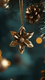 Golden snowflake ornament glows amid soft festive lights.