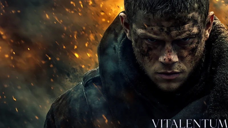 Battle hardened warrior holds his ground amid swirling fire