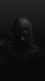 Veiled shadow figure with glowing eyes in liquid darkness.