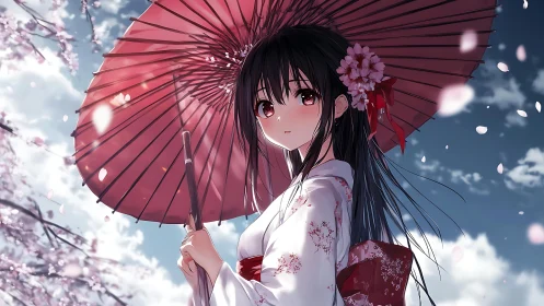 Gentle girl with red parasol enjoys a calm cherry blossom sky