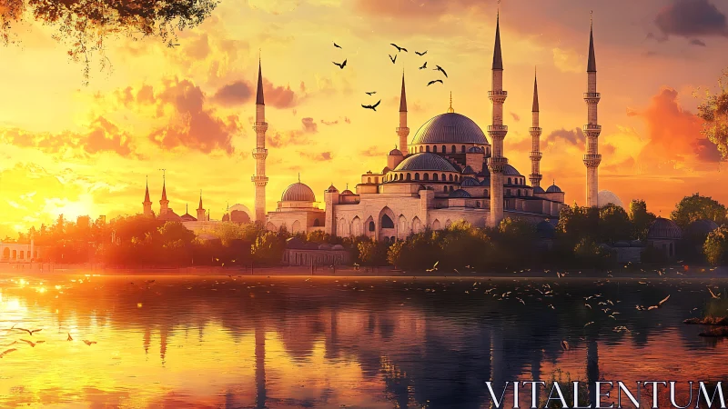 Golden sunset embraces a serene mosque by the water’s edge