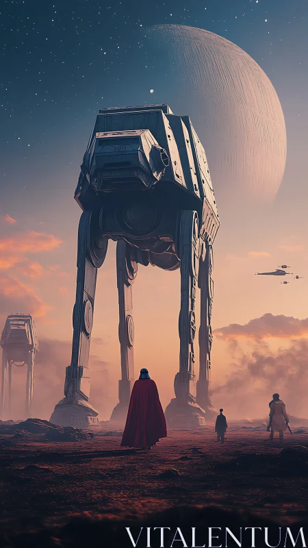 Colossal four-legged combat walkers dominate an alien plain