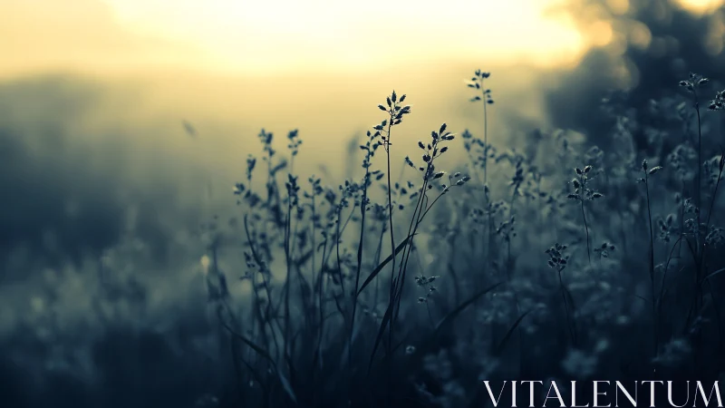 Soft dawn meadow with dreaming wild grasses in light.