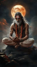 Meditating ascetic levitates before full moon with high-contrast lighting