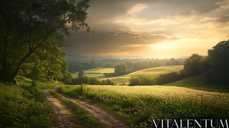 Sunlit country path winding through peaceful green hills.