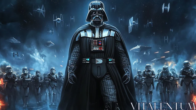 Armored figure leads stormtroopers under heavy space fleet