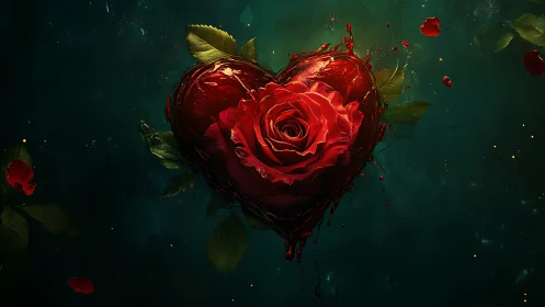 Heart-shaped rose with dramatic red petals on dark teal background.