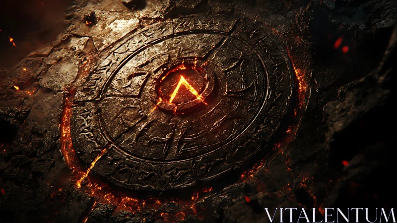 Molten runic sigil embedded in cracked obsidian disk.