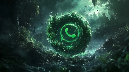 WhatsApp emblem ignites neon vortex inside lush jungle