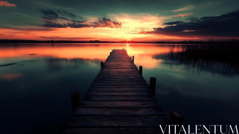 Sunset pier stretching into a mirror-bright twilight lake.