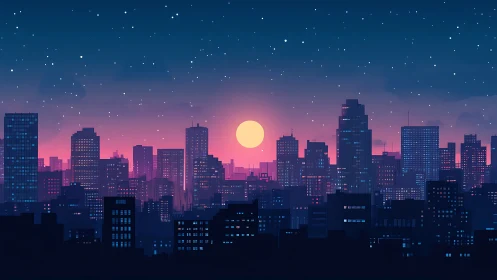 Neon dusk hushes the city while coded starlight flickers on