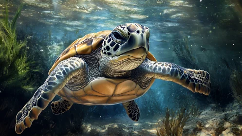 Sea turtle swims underwater with detailed textured shell
