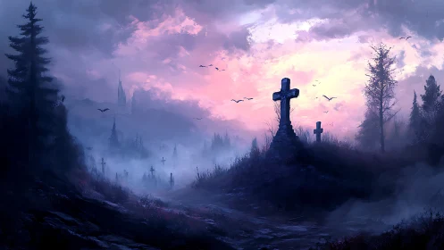 Foggy hill cemetery under dusk sky with distant spires.