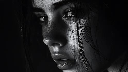 Close monochrome portrait isolates a partially lit human face
