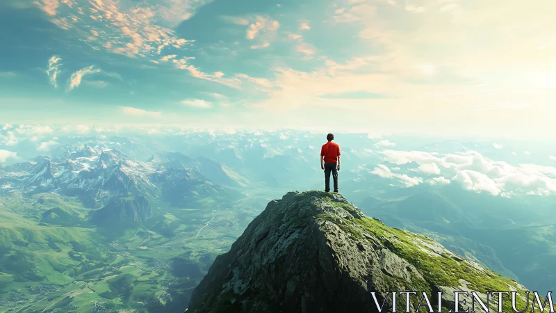 Man in red shirt stands on sunny mountain summit ridge.