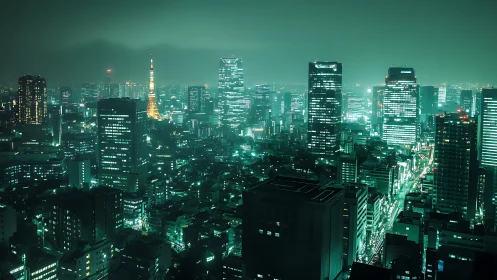 Neon-lit high-rise metropolis skyline rendered in teal haze