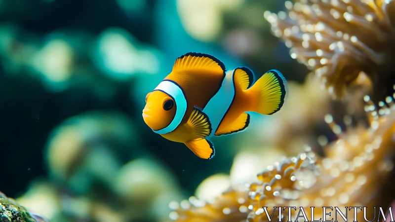 Clownfish glides through coral reef with vivid bokeh background.