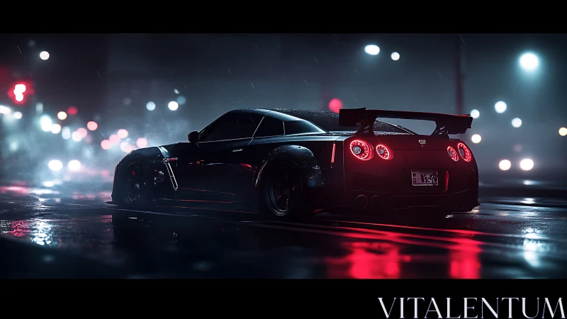 Nocturnal GT coupe under wet neon-laced cinematic streetlight.