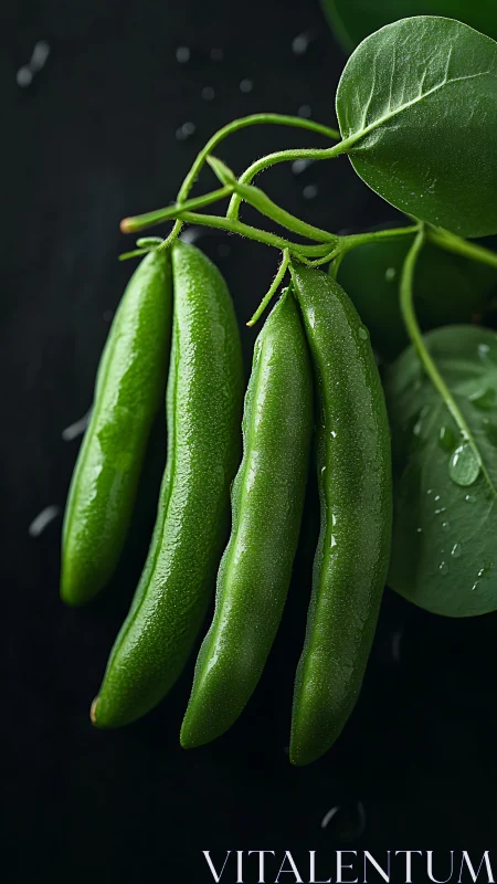 Fresh green pea pods glisten against deep black background.