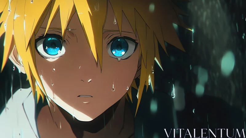 Rain-soaked anime boy gazes ahead with shining blue eyes