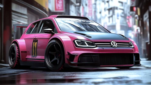 Neon-pink street racer prowls a rain-glossed urban circuit.