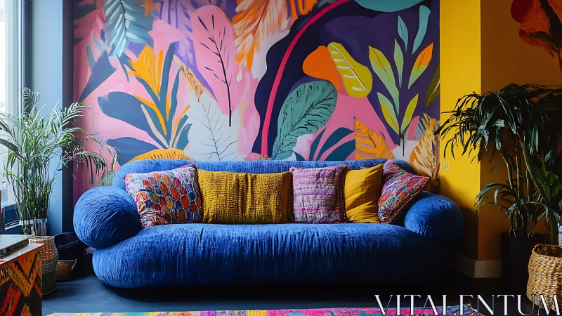 Interior scene shows blue sofa against multicolor leaf mural