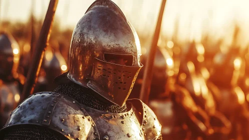 Sunlit knight in armor waiting on a glowing battlefield.