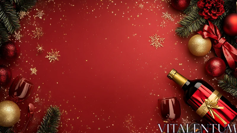 Christmas wine bottle, ornaments and glasses on red background