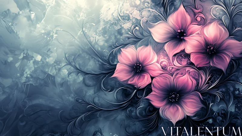 Pink Flowers Against Ethereal Blue Abstract Swirls