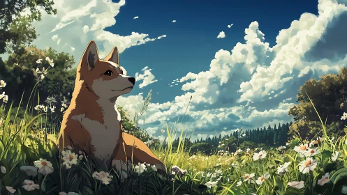 Canine resting in flowered meadow under cumulus clouds.