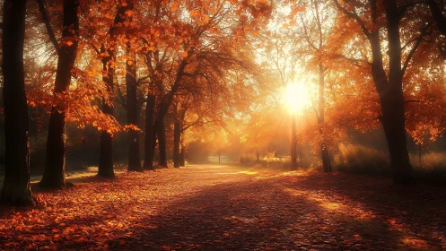 Golden autumn pathway glowing in gentle morning sunlight.
