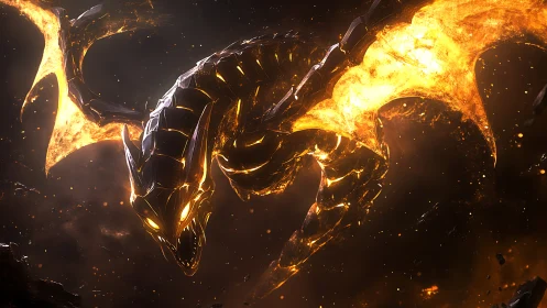 Molten metallic dragon form amid dark fiery atmosphere.
