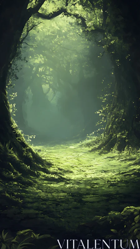 Luminous Forest Hollow: Verdant Light Through Ancient Woodland Cavern
