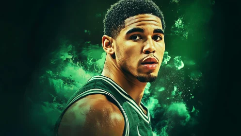 Emerald court storm: focused basketball star in green haze.