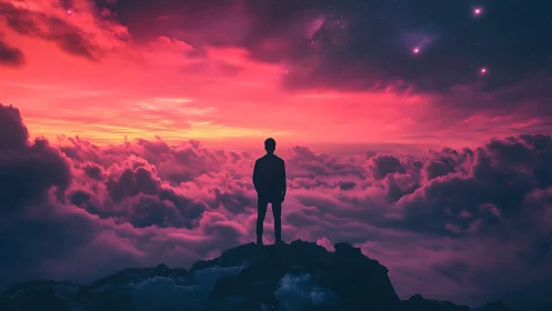 Silhouette on mountain peak under vivid pink cloud sky.