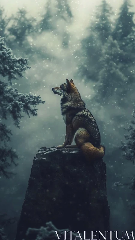 Lone wolf on a rock in a dark snowy forest at dusk.
