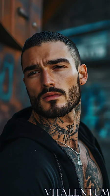 Tattooed man gazes sideways under moody urban light