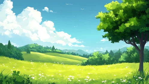 Sunlit meadow stretches lazily beneath a sky of drifting clouds