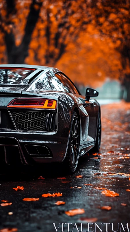 Rear view sports car on wet autumn road under orange trees.