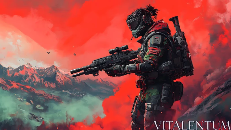 Armored soldier holds rifle against stylized red sky backdrop