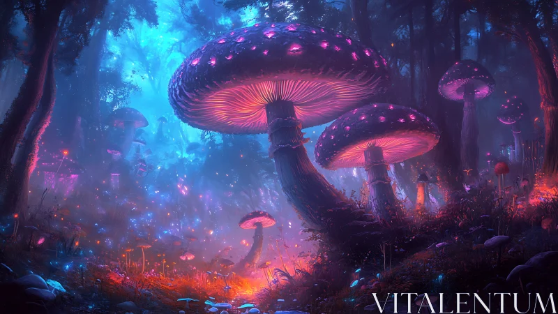 Bioluminescent megafungi in neon blue magenta enchanted forest