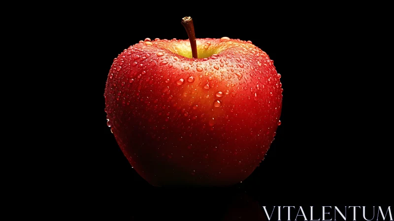Red apple with water droplets on black background.