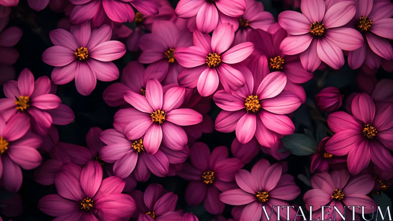 Vibrant Pink Cosmos Flowers with Golden Stamens Against Dark Background.