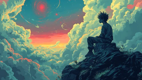 Sky-dreaming wanderer perched above neon-tinted cloud oceans.