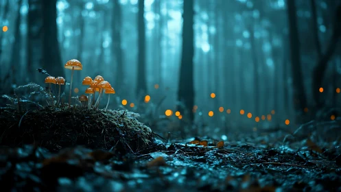 Bioluminescent Mushrooms in Misty Coniferous Forest.