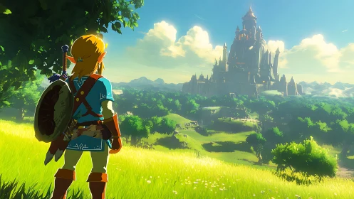 Game character observing distant fantasy castle landscape.