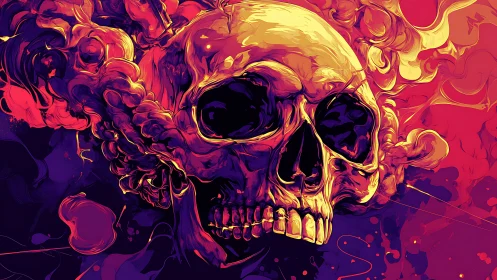 Flaming neon skull emerges from swirling vaporous shadows