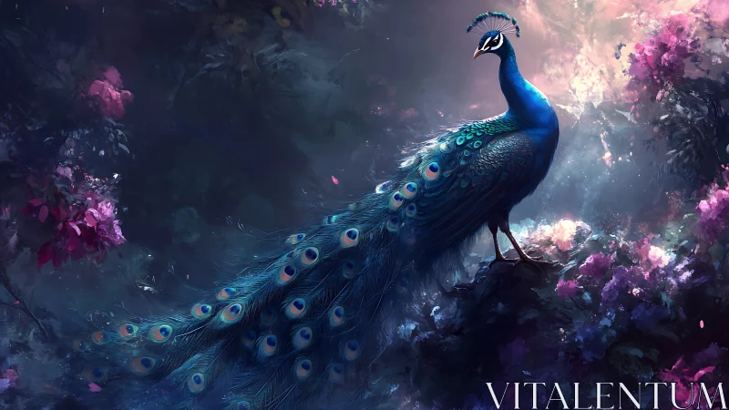 Digital artwork of blue peacock in luminous garden setting.